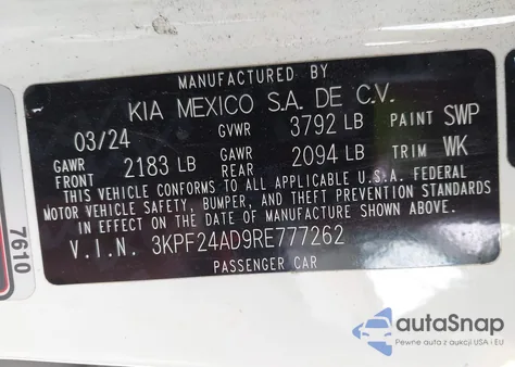 2024 Kia Forte Lxs из США, поврежденный, VIN 3KPF24AD9RE777262